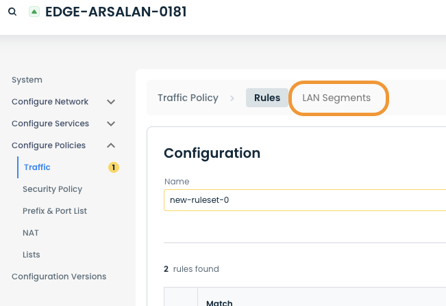 Configuration settings for traffic policy and LAN segments in network management interface.